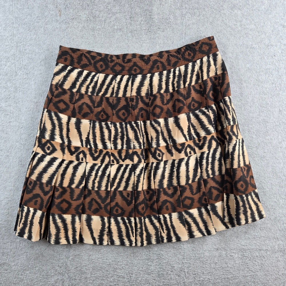 Quantum Sport Pleated Mini Skirt Women Size 6 Brown Tan Animal Ikat Print